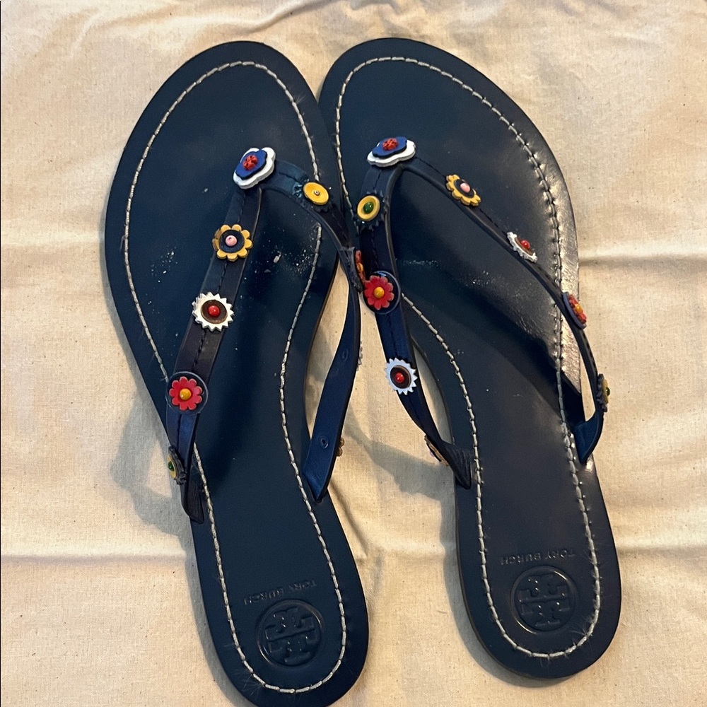 Tory Burch Navy Sandals with Colorful Floral Accents